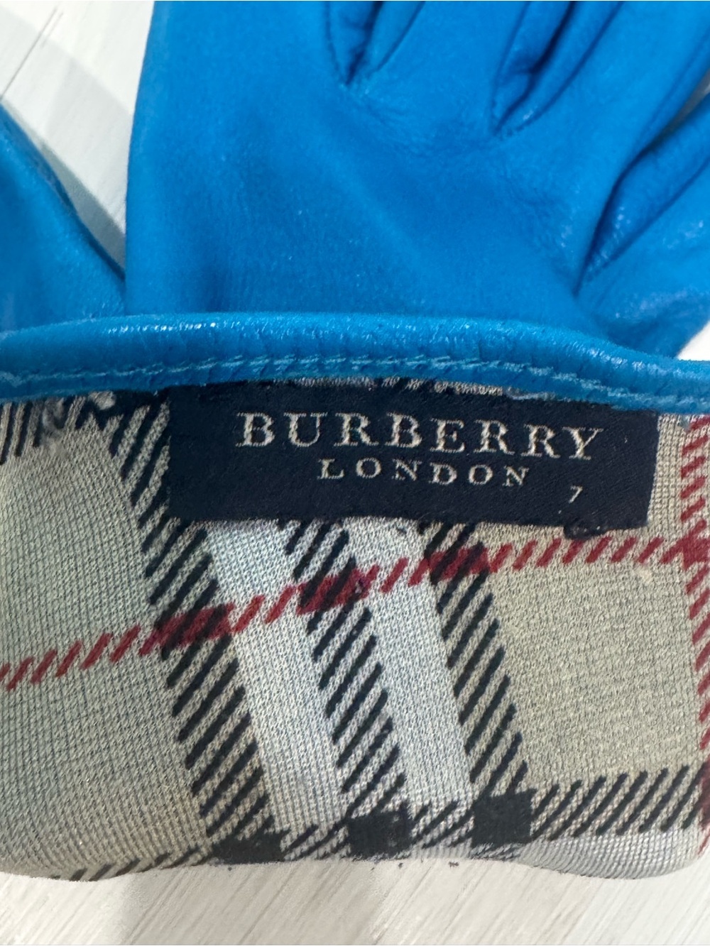 BURBERRY Cobalt Blue Leather and Silk Women's Gloves with Silver Accent - Picture 5 of 11